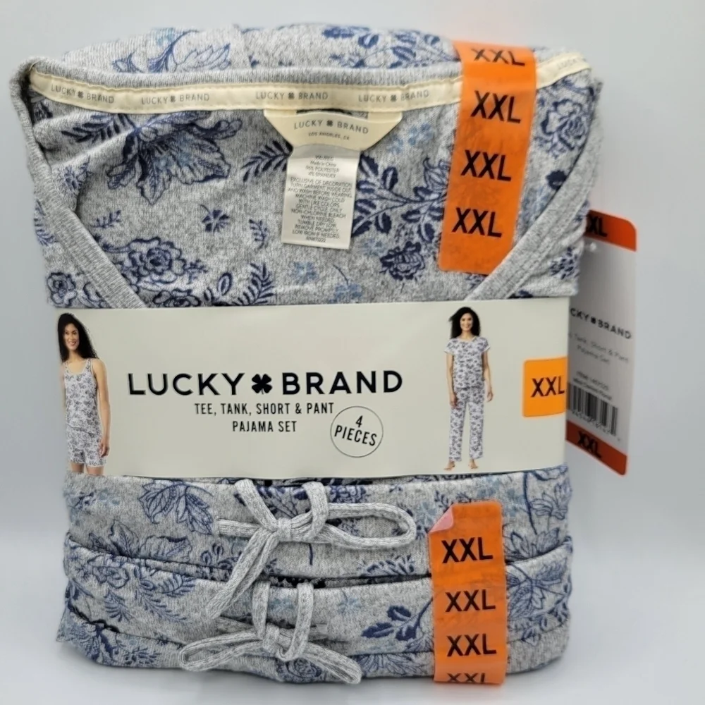 Lucky Brand Mini Denim Floral 4 Piece Pajama Set Blue Grey XXL